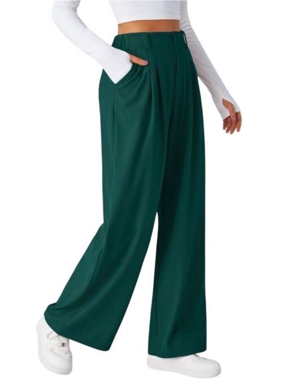 Halara Flex™ High-Waisted Pocket Wide Leg Waffle Work Pants – Green | Medium